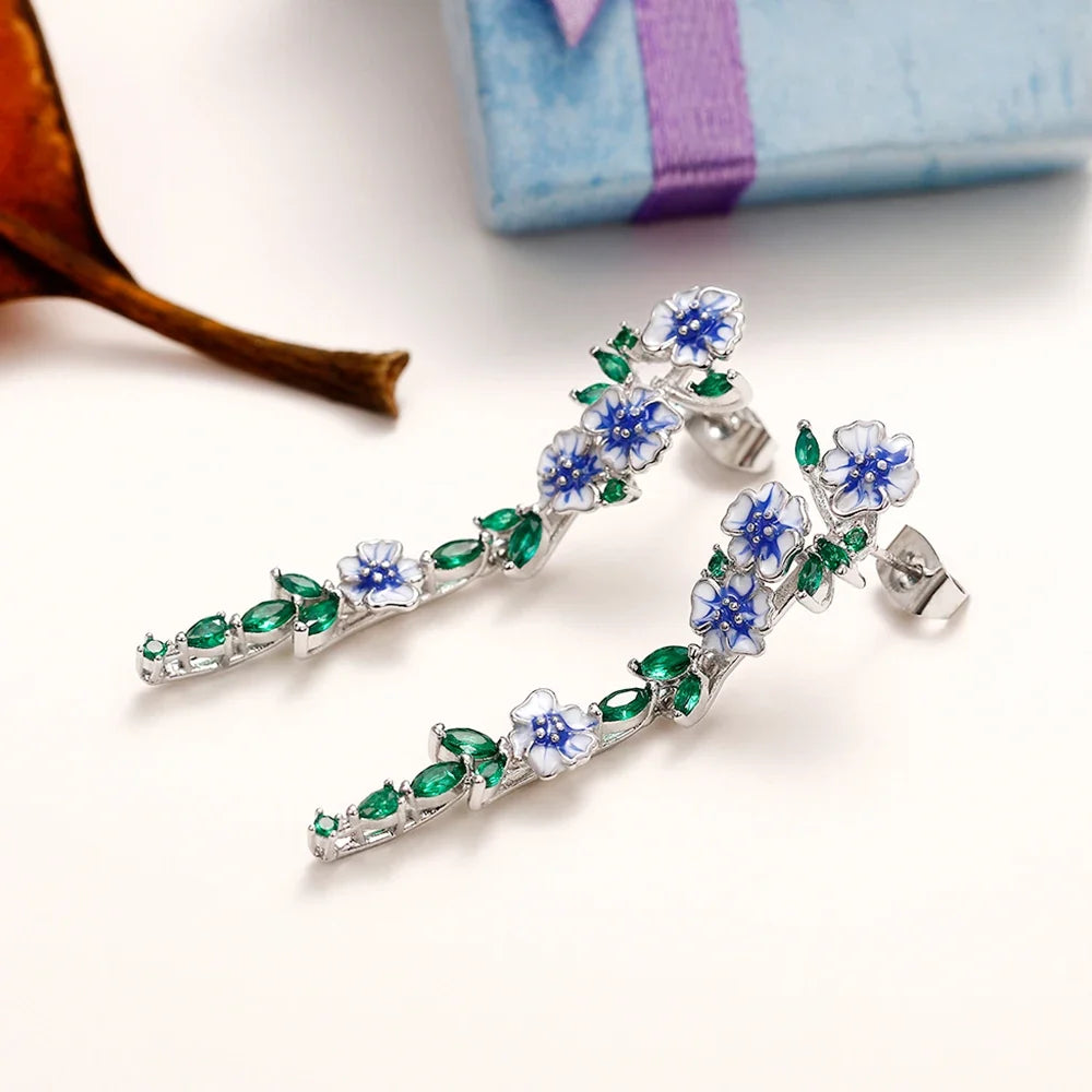 Huitan Vintage Enamel Blue Flower Dangle Earrings Women