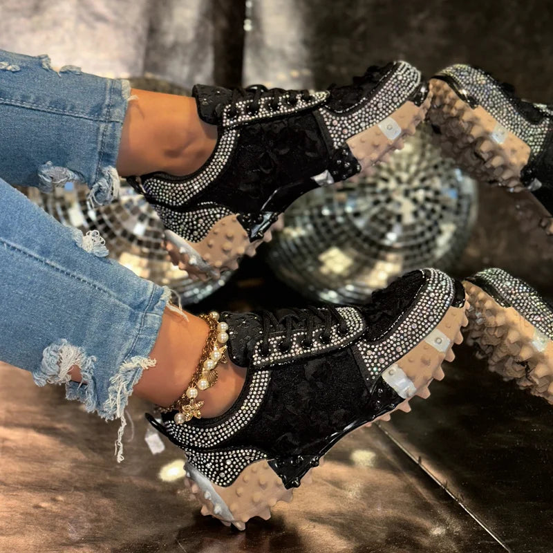 Women's Rhinestone Sneakers – Thick Sole Casual Sport Shoes