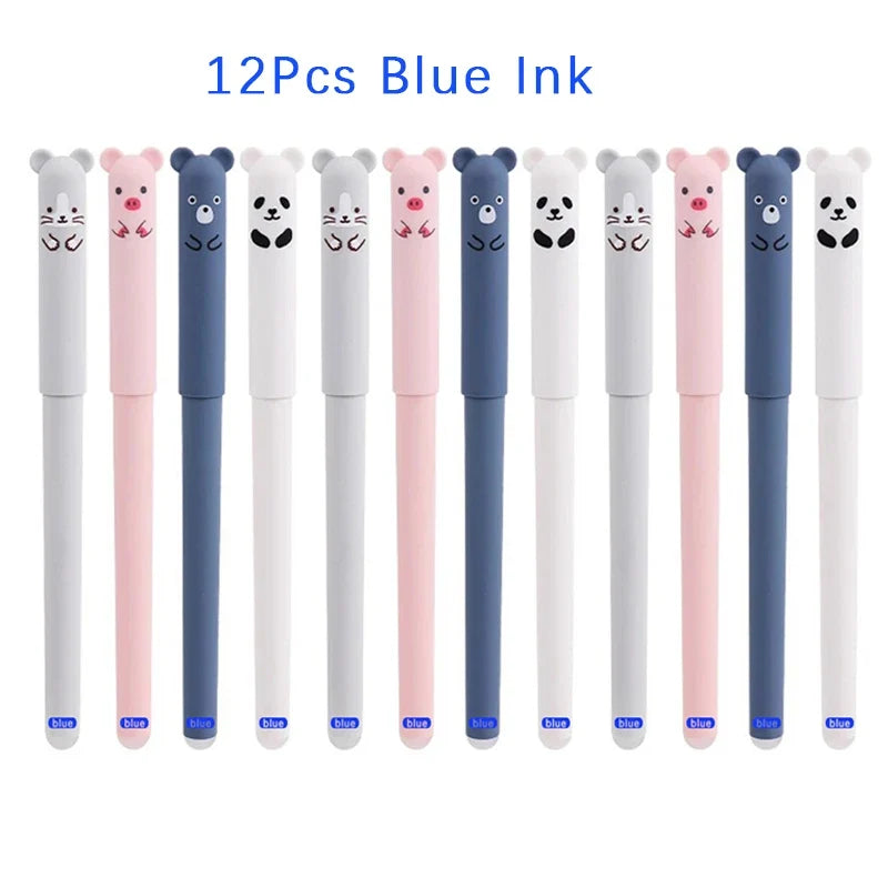 12-Pack Animal Erasable Gel Pens 0.5mm Blue & Black Ink