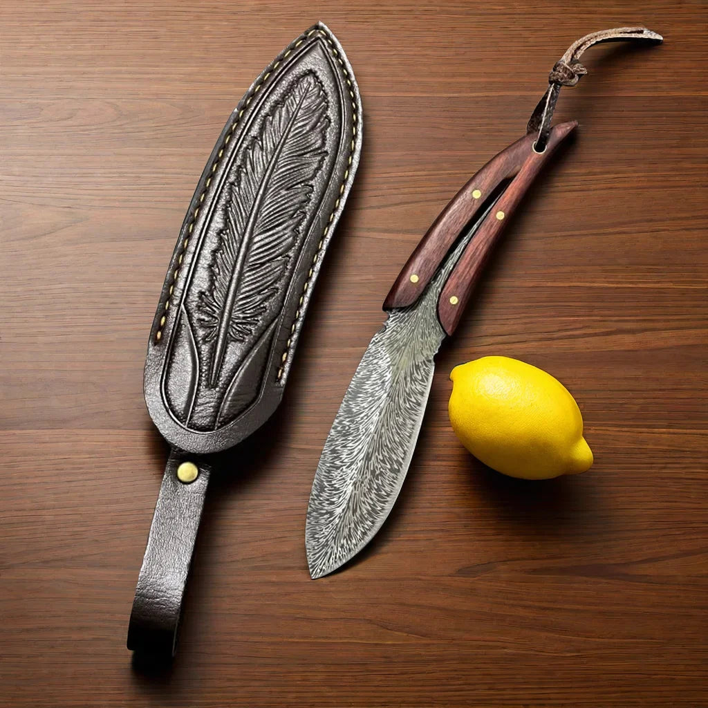 Feather Pattern Kitchen Knife with Sheath – Stainless Steel