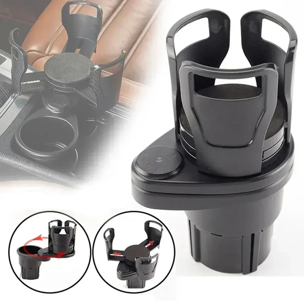Dual Car Cup Holder Expander with Phone Mount – 360° Rotation