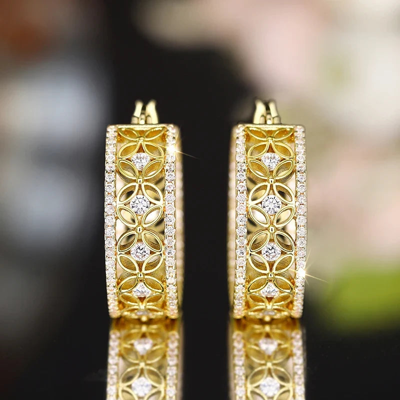 Huitan Gold CZ Hollow Flower Hoop Earrings | Bridal Jewelry