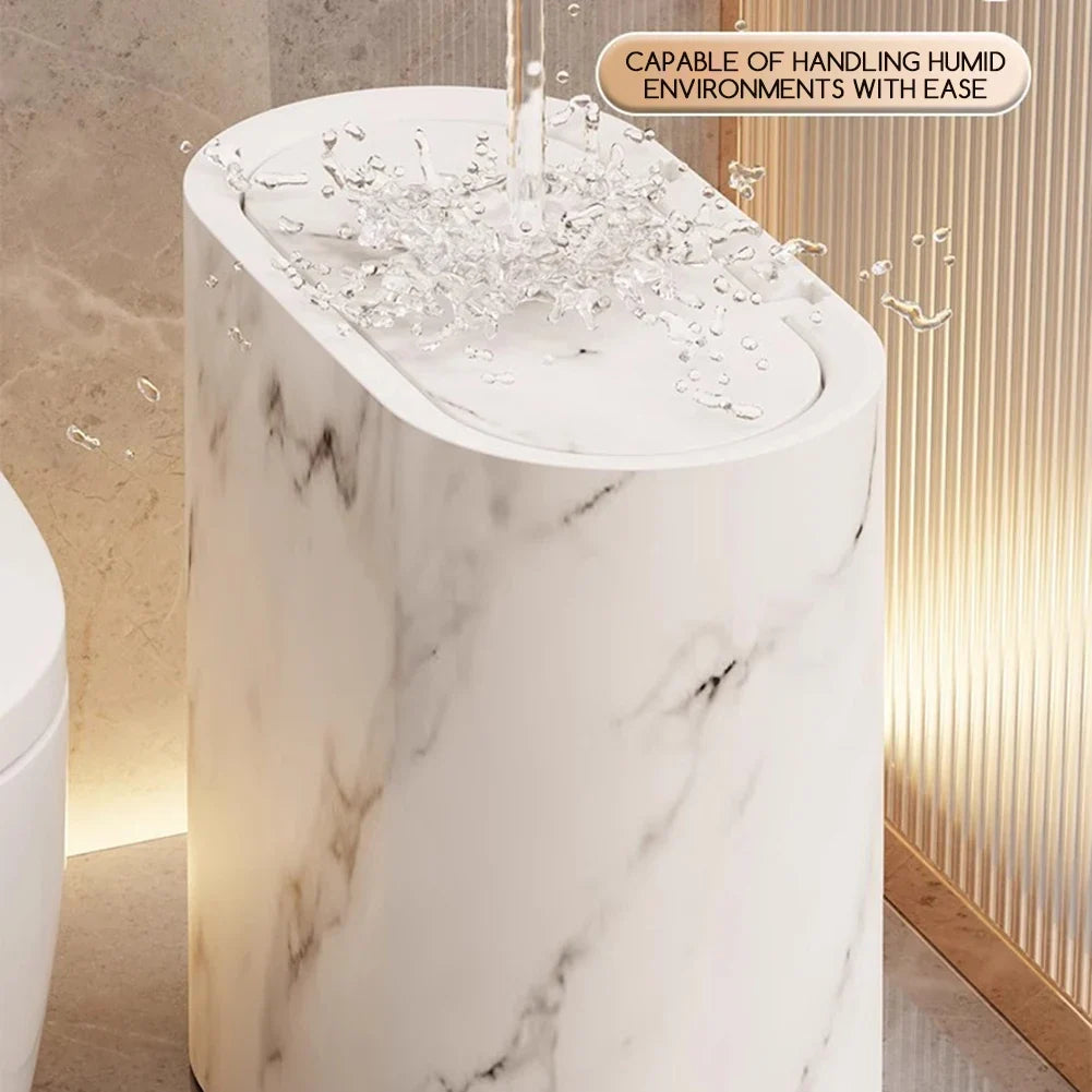 Marble Slim Trash Can with Lid – Narrow Wastebasket for Home