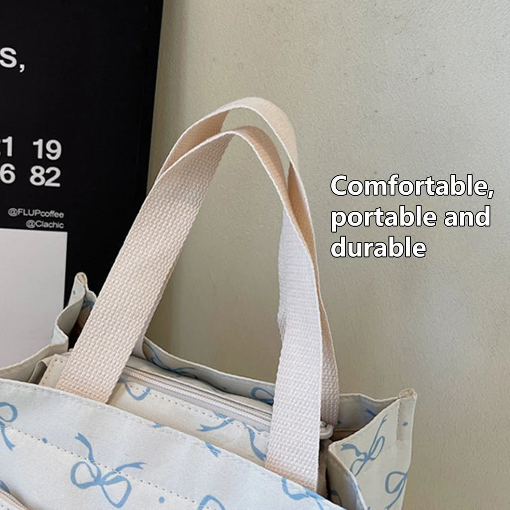 Canvas Lunch Bag Bow Pendant – Lightweight Bento Tote for Women