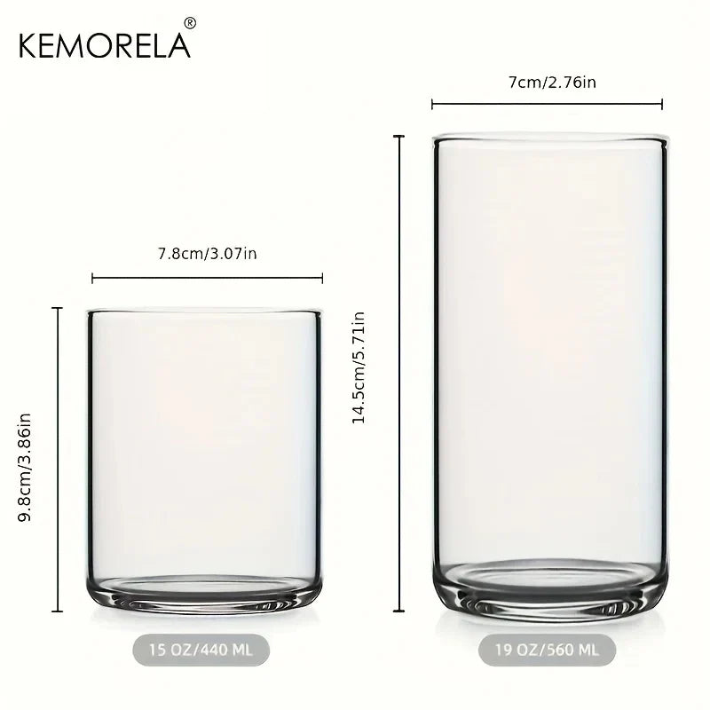 KEMORELA Transparent Glass Cups – Set of 1 or 4 | Drinkware