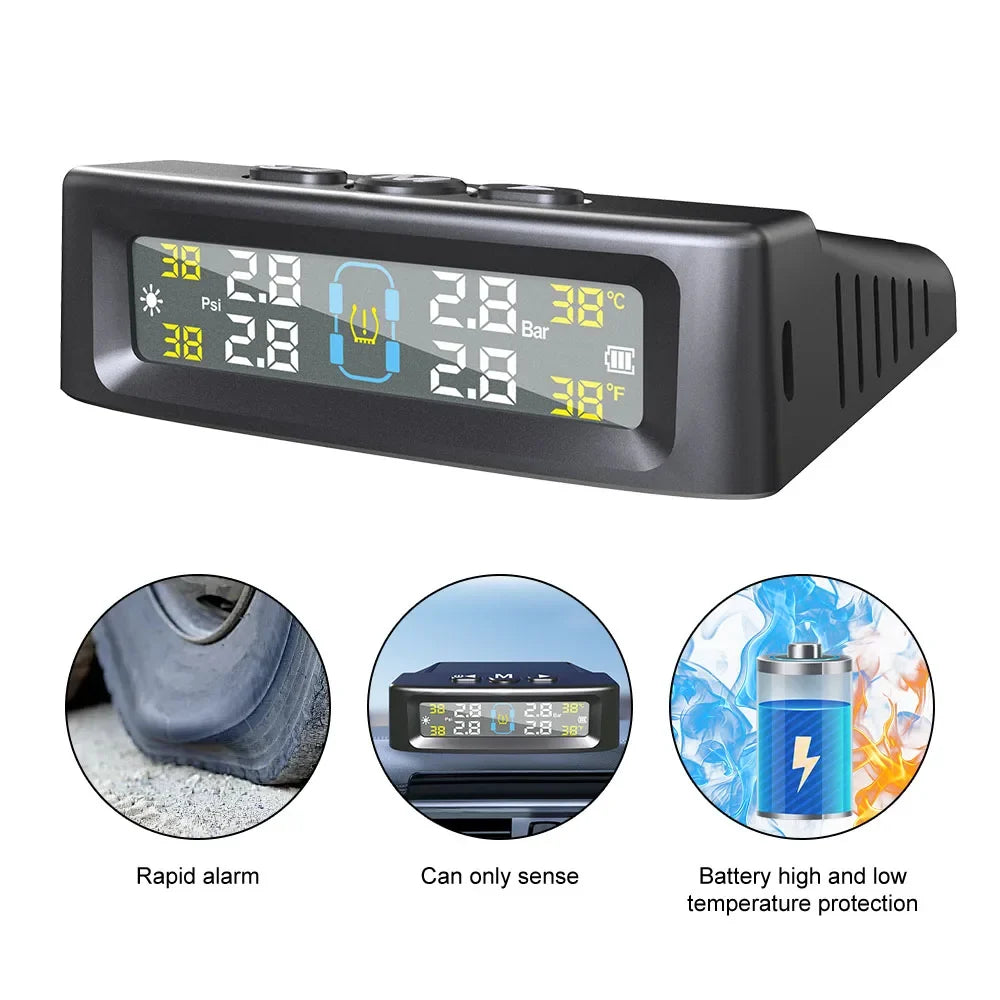 Solar TPMS Car Tire Pressure Monitor – 4 External Sensors