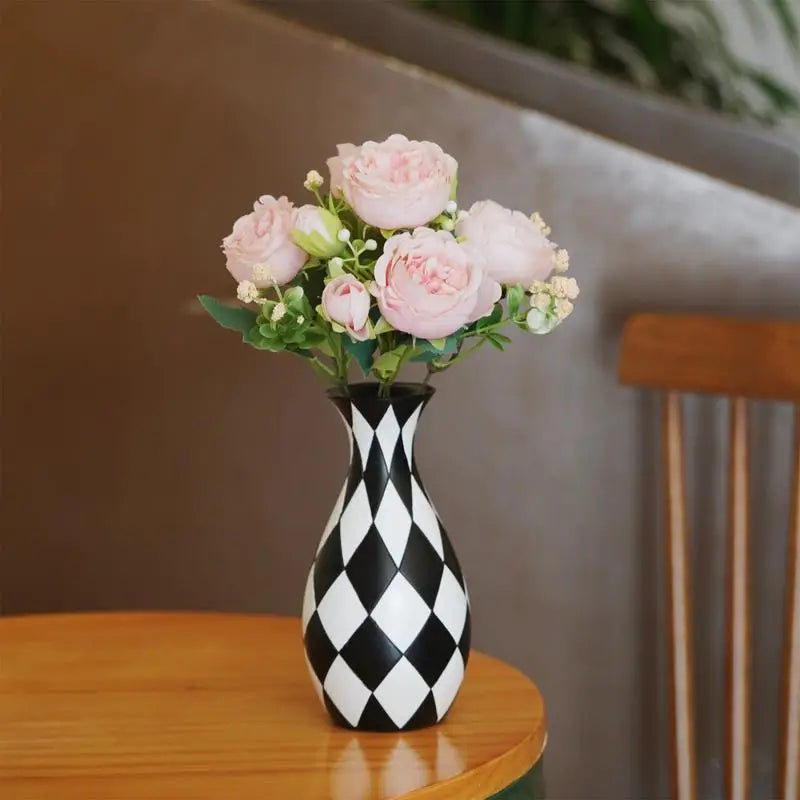 Black White Checkered Resin Vase | Modern Home Décor Accent
