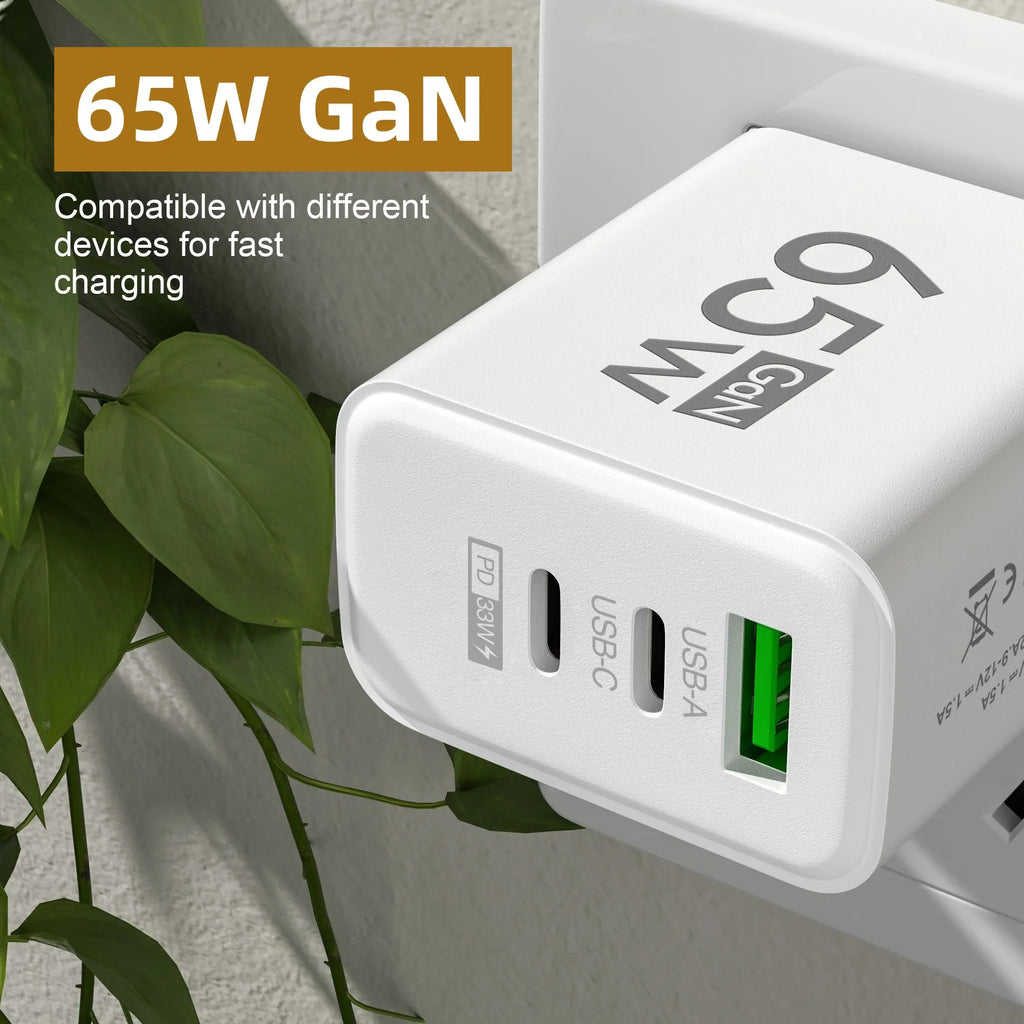 65W GaN USB-C Fast Charger 3-Port | iPhone Samsung Laptop