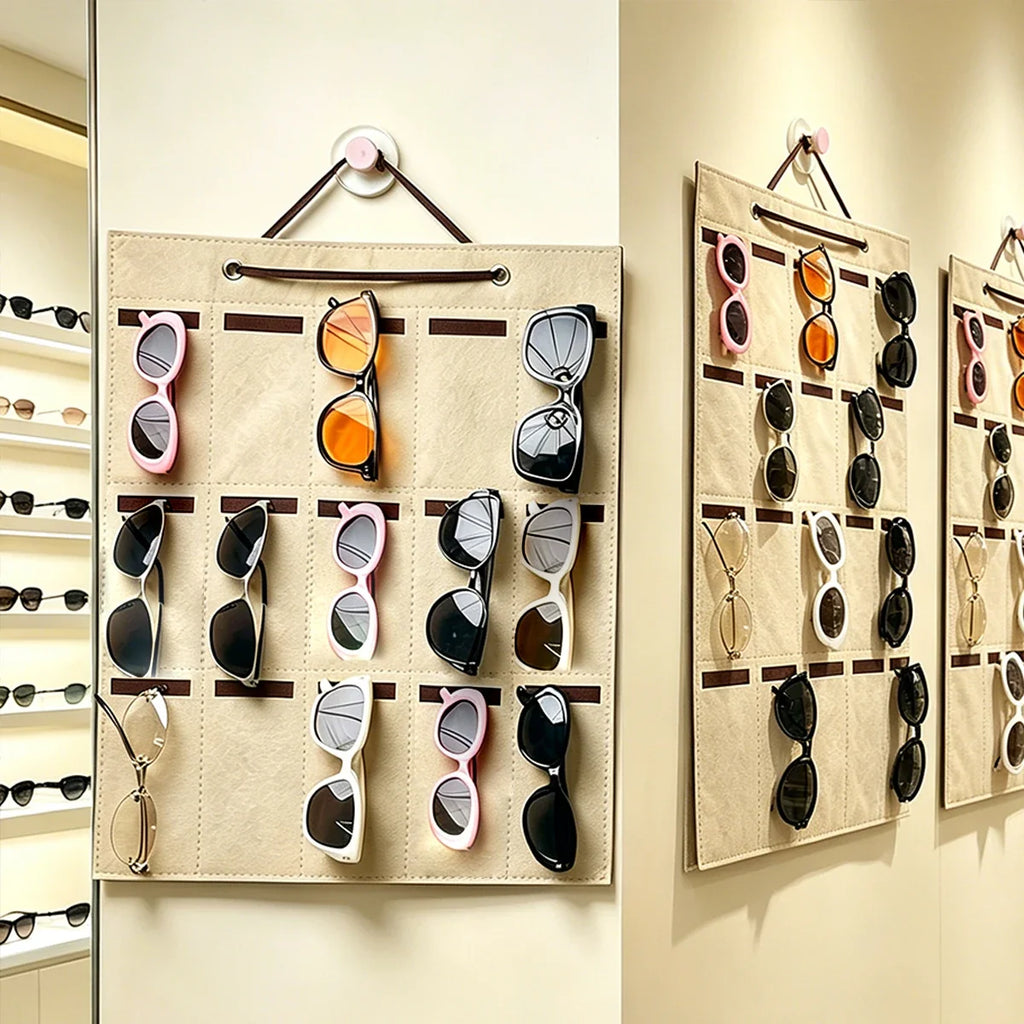 Wall Mounted Khaki 15grid Sunglasses Vertical Storage Hanging Bag