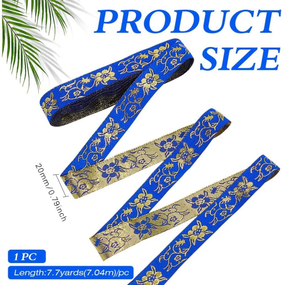 Blue Ethnic Jacquard Ribbon 20mm – Boho Floral Trim 7.7 Yds