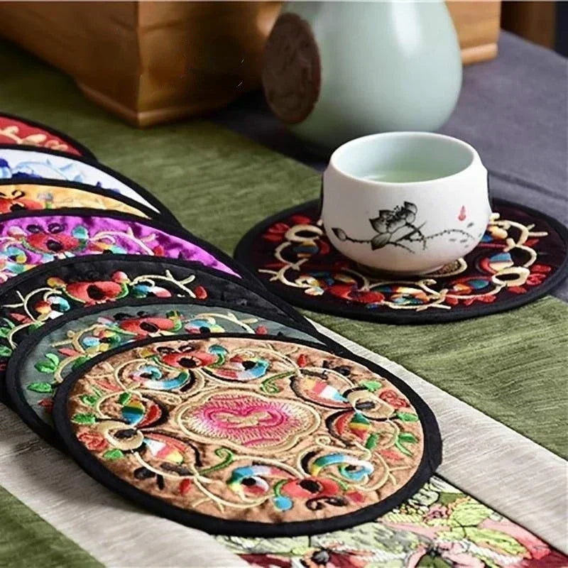 Retro Fabric Embroidery Coaster | Chinese Style Table Décor