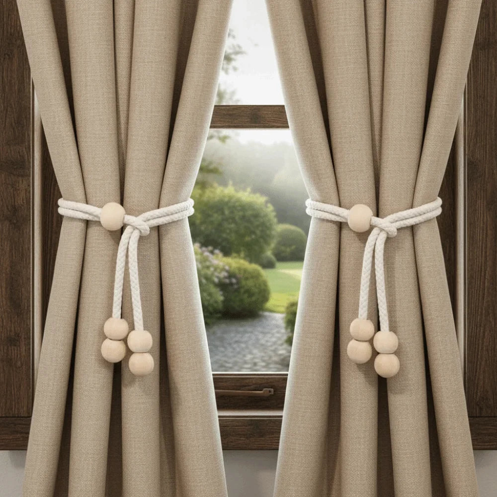 Adjustable Curtain Tiebacks with Wooden Beads | Cotton Linen