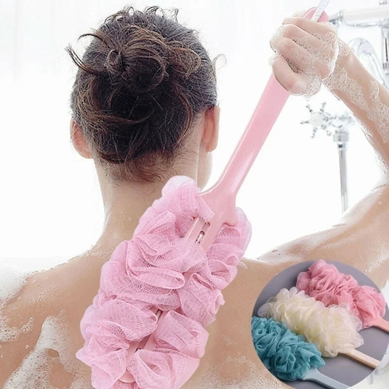 Long Handle Bath Brush – Soft Mesh Back Scrubber & Body Puff