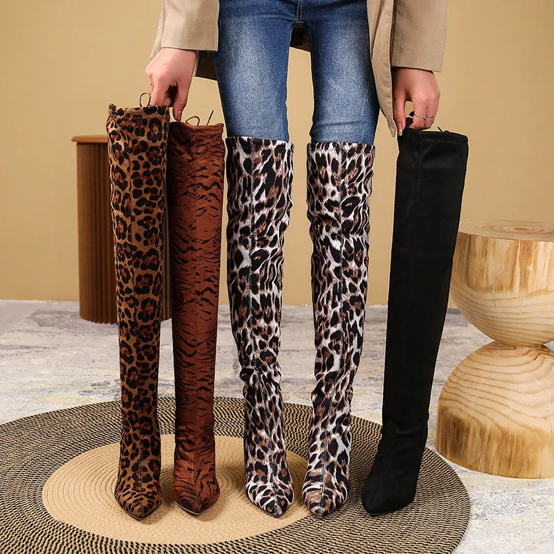 Women's Leopard Print Over-the-Knee Stiletto Boots