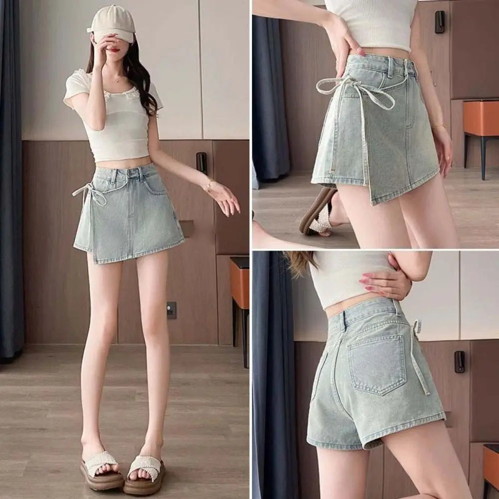 Y2K High Waist Denim A-Line Skirt – Lace-Up Wide Leg Blue Jean