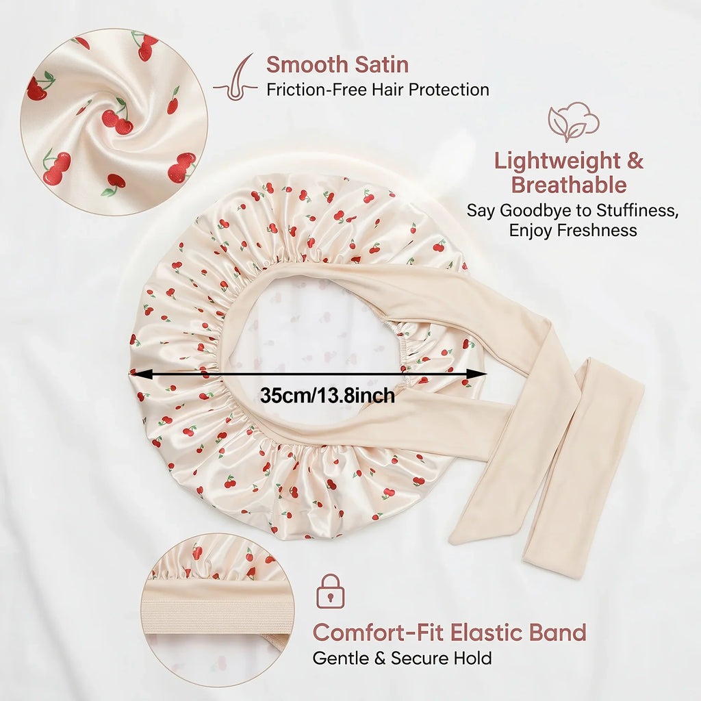 Beige Cherry Satin Sleep Bonnet – Lace-Up Hair Care Night Cap