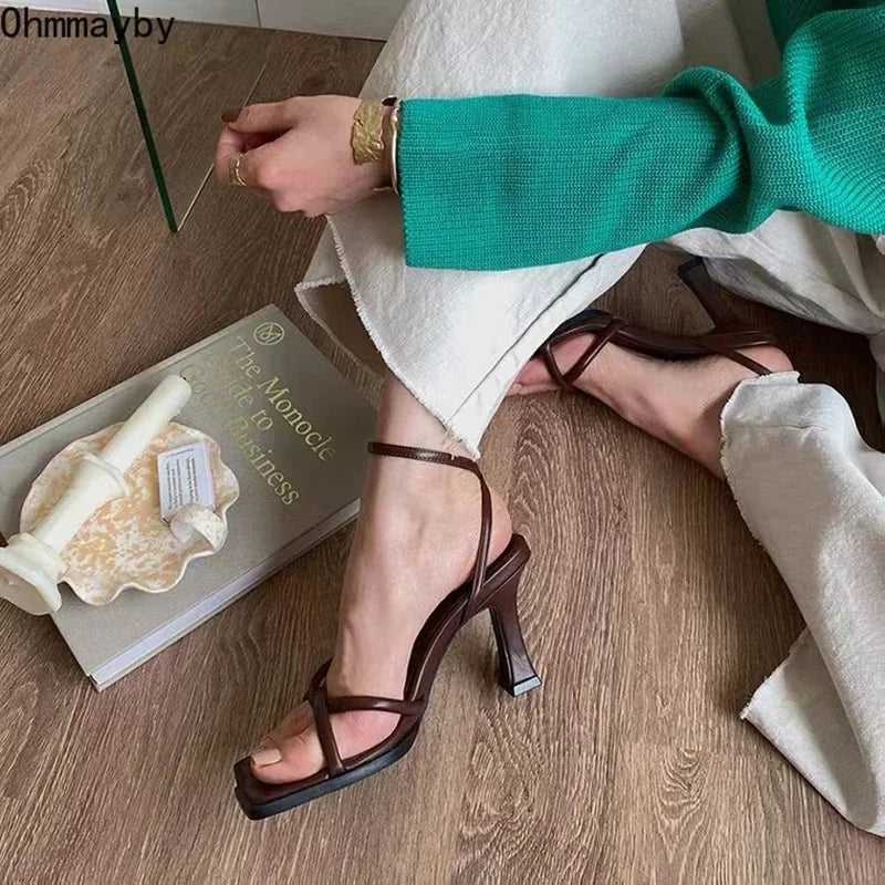 Women's Square Toe Block Heel Sandals – 7cm Ankle Strap