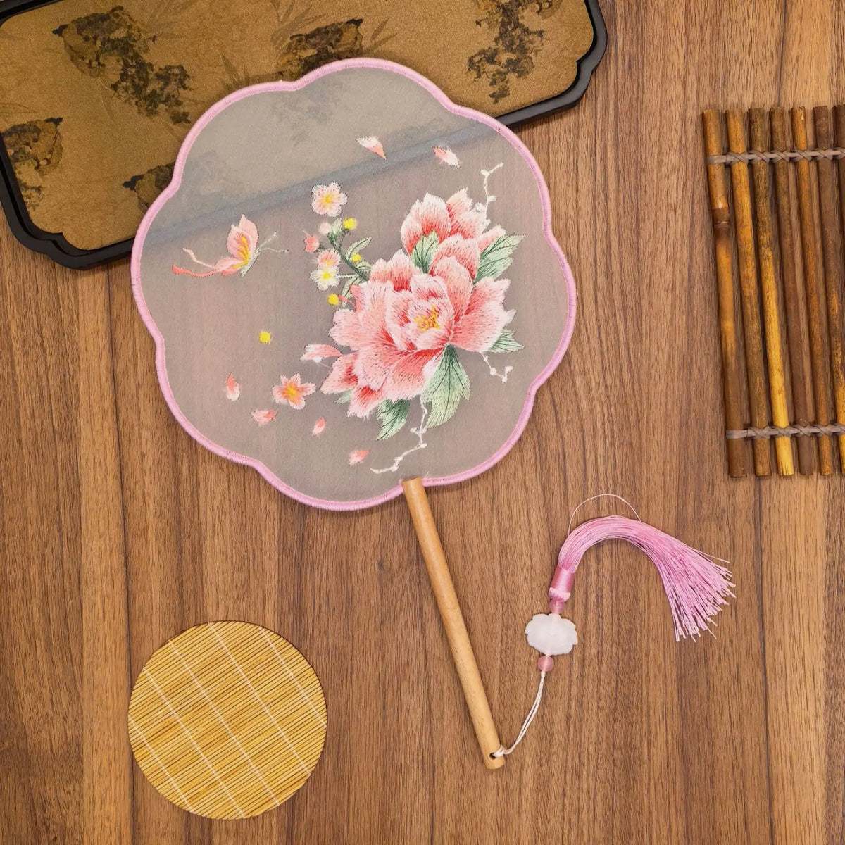Vintage Double Sided Embroidery Flower Shape Hand Fan Chinese Palace
