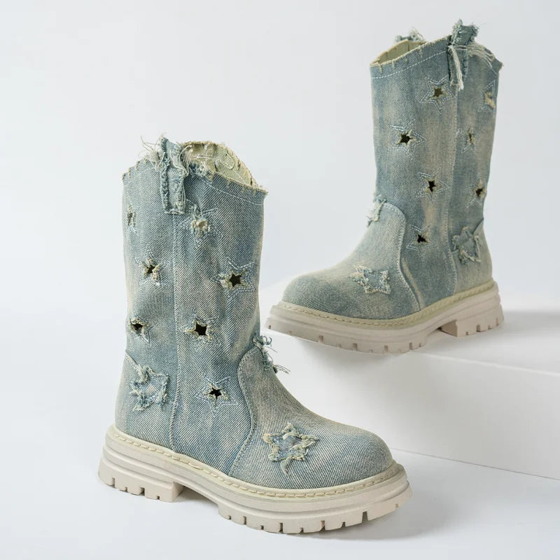 Women's Denim Ankle Boots – Platform Square Heel Slip-On