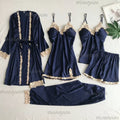 5-Piece Women's Silky Satin Lace Pajama Set – Nightgown & Shorts