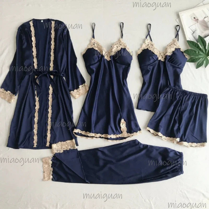 5-Piece Women's Silky Satin Lace Pajama Set – Nightgown & Shorts