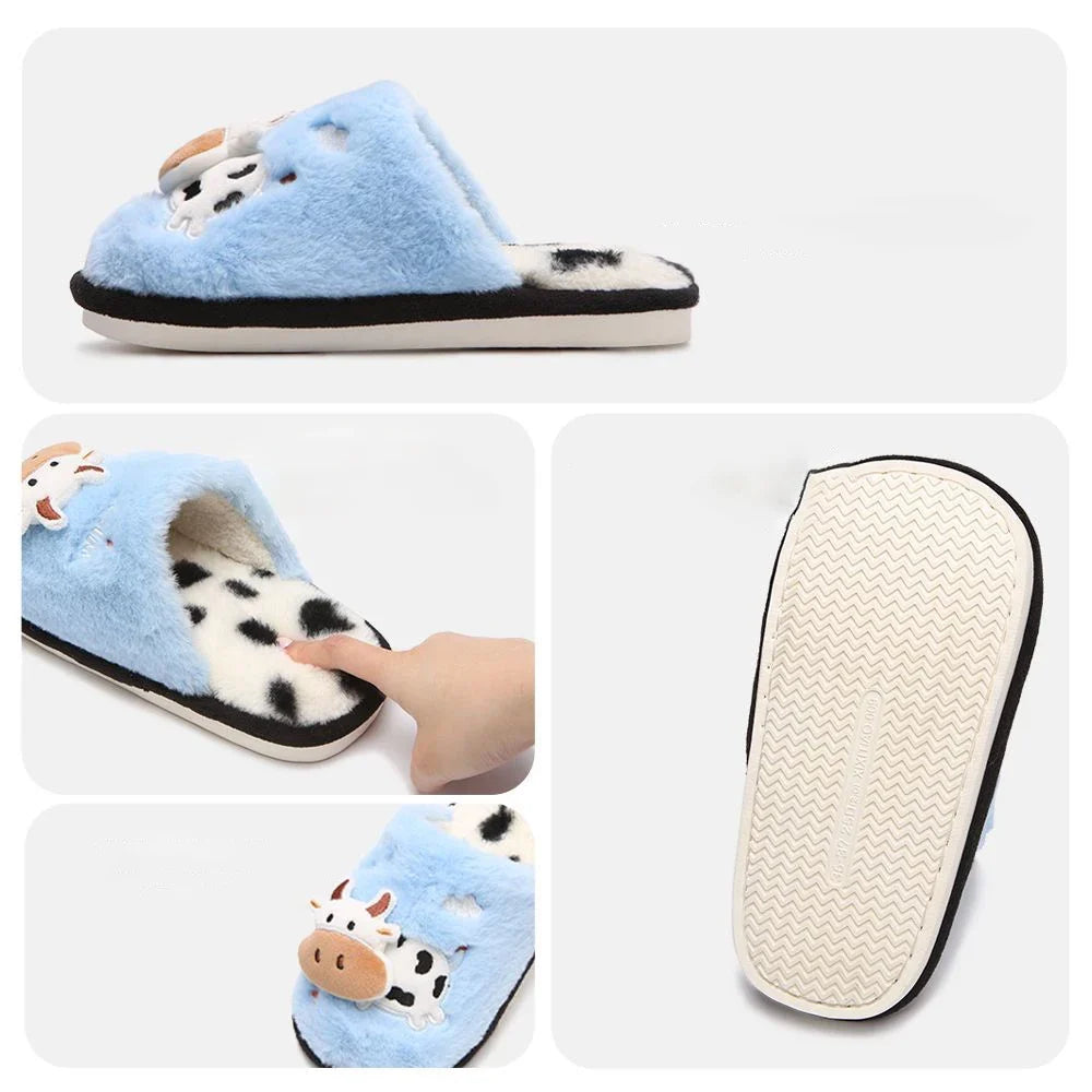 Cow Print Faux Fur Slippers – Cozy Indoor Slides Men & Women
