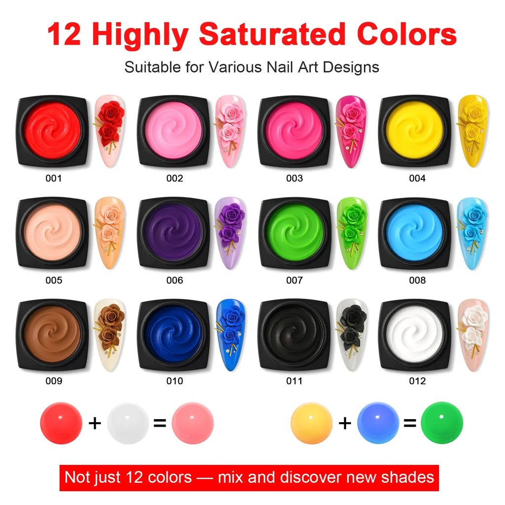 TWOING 12 Colors Non Sticky Soak Off Sculpture Gel Pen 3D 4D Nail Art
