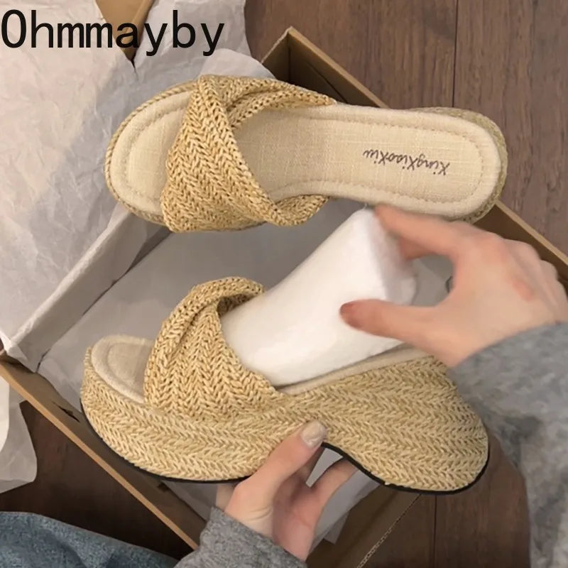 Women's Straw Woven Platform Wedge Sandals | Bohemian Slides