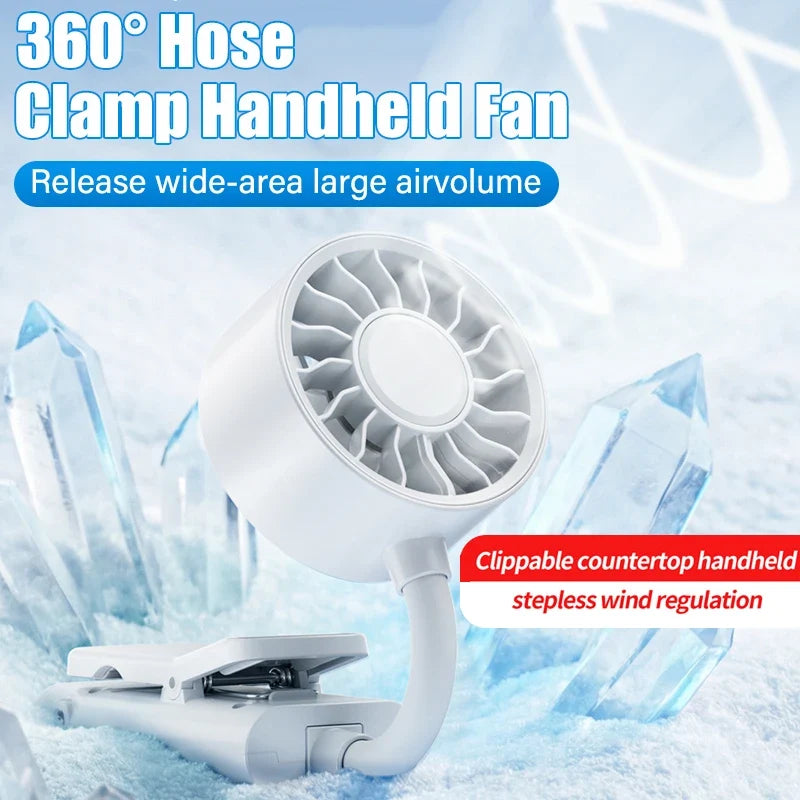 Portable Clip Fan – 360° Flexible Hose USB Rechargeable 5-Speed