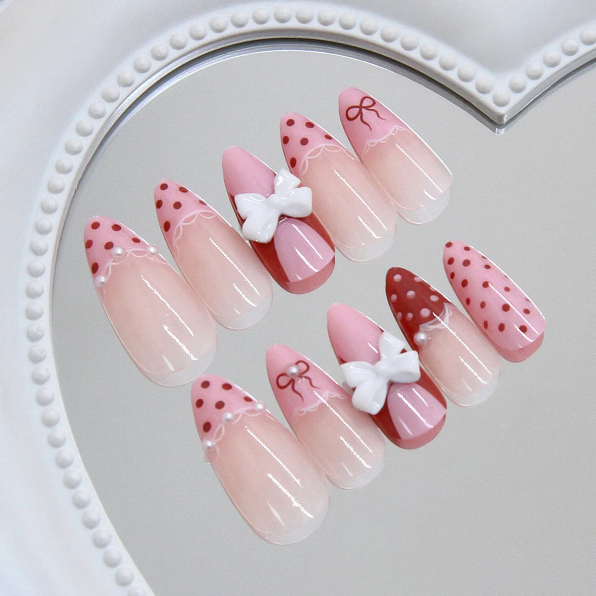 24pc Almond French Press On Nails with 3D Bow Decor – Long