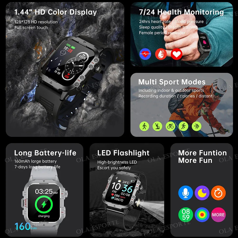 Military Sports Smartwatch | Flashlight, Calls, 3ATM Waterproof