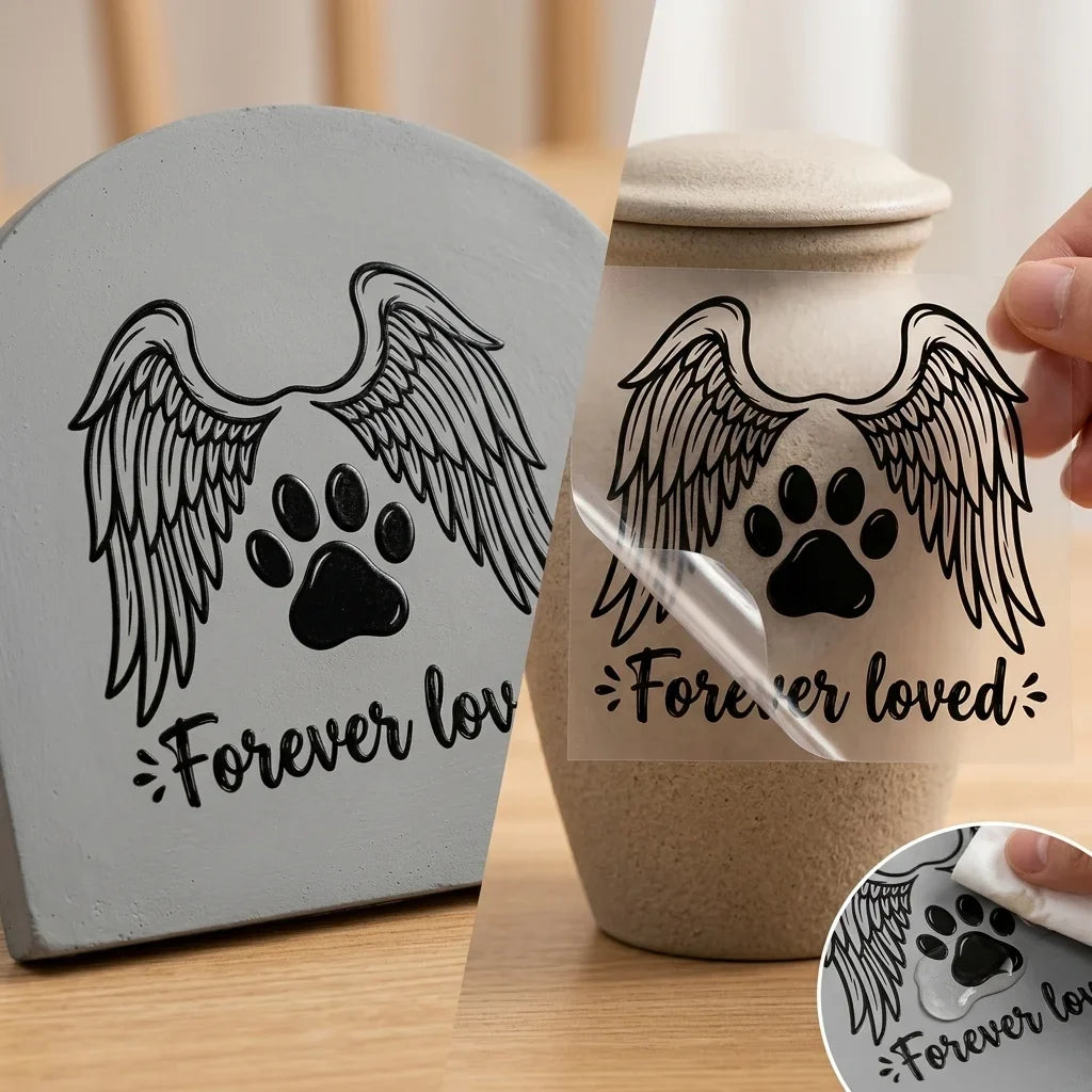 Pet Memorial UV Sticker "Forever Loved" Paw Angel Wings Decal