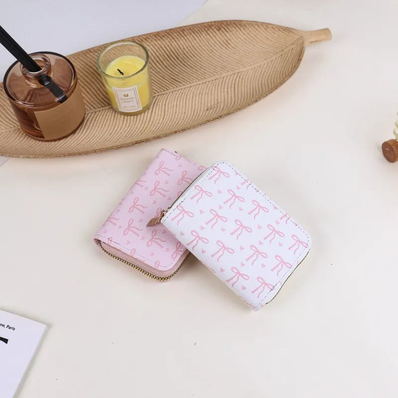 Korean Multi-slots Zipper Mini Coin Purse Pink Sweet Bowknot Card