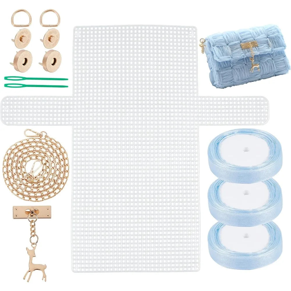 DIY Crochet Bag Kit – Mesh Canvas, Ribbon & Knitting Needles