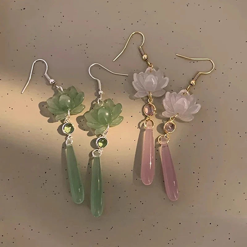 Chinese Lotus Cat's Eye Tassel Drop Earrings | 1 Pair