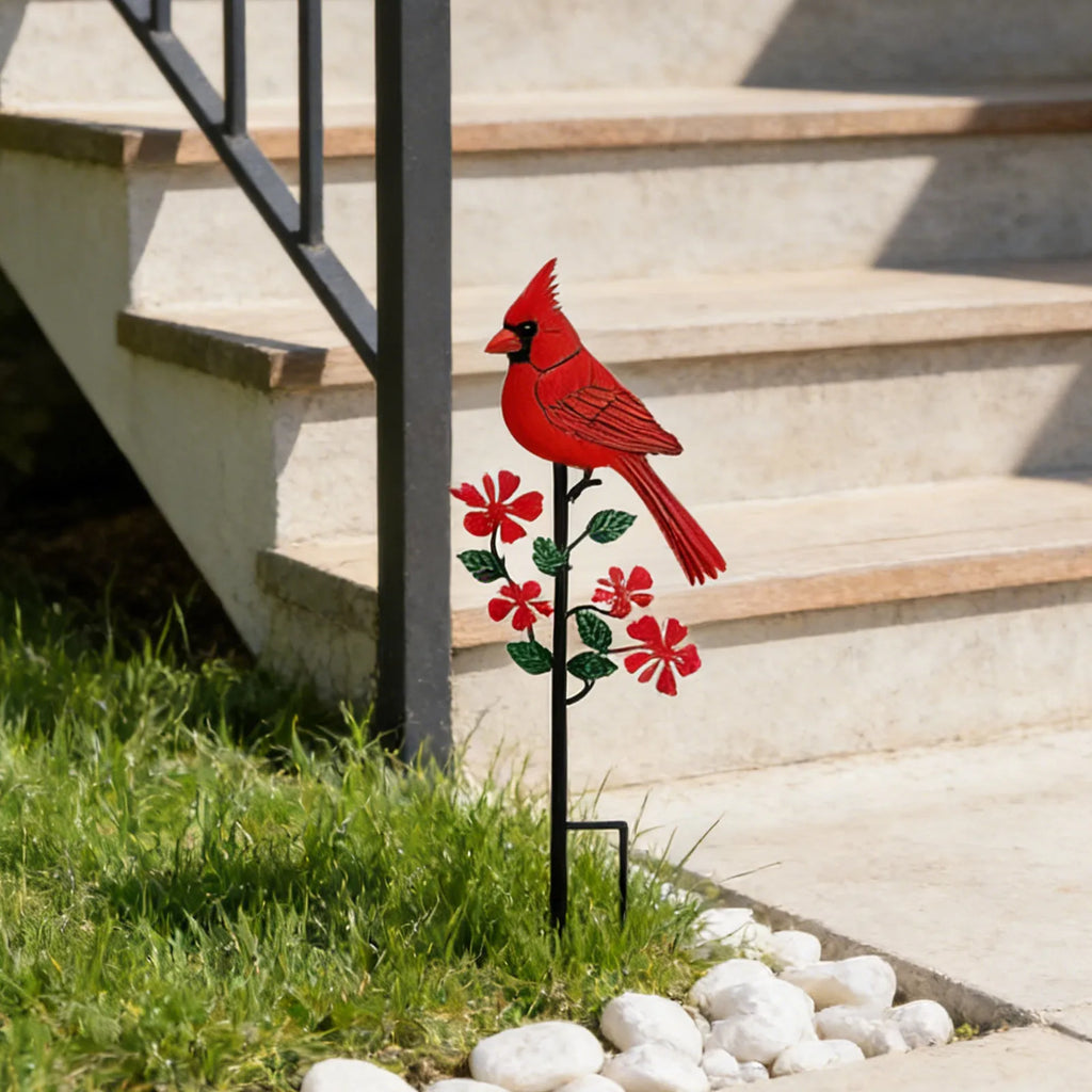 Red Bird Metal Garden Stake – 2D Flat Iron Art Yard Ornament