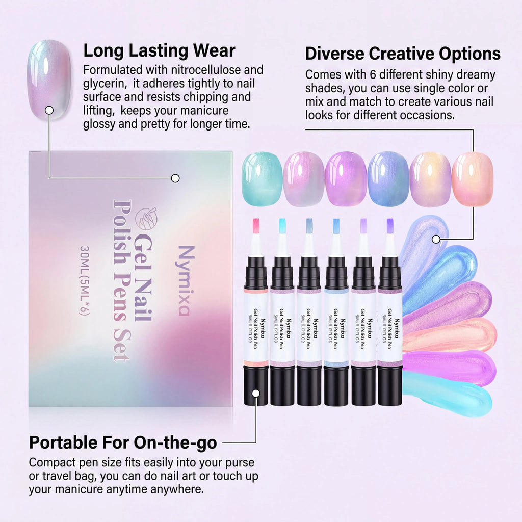 Nymixa Macaron Pearlescent Gel Nail Polish Pen Set – 6pcs DIY