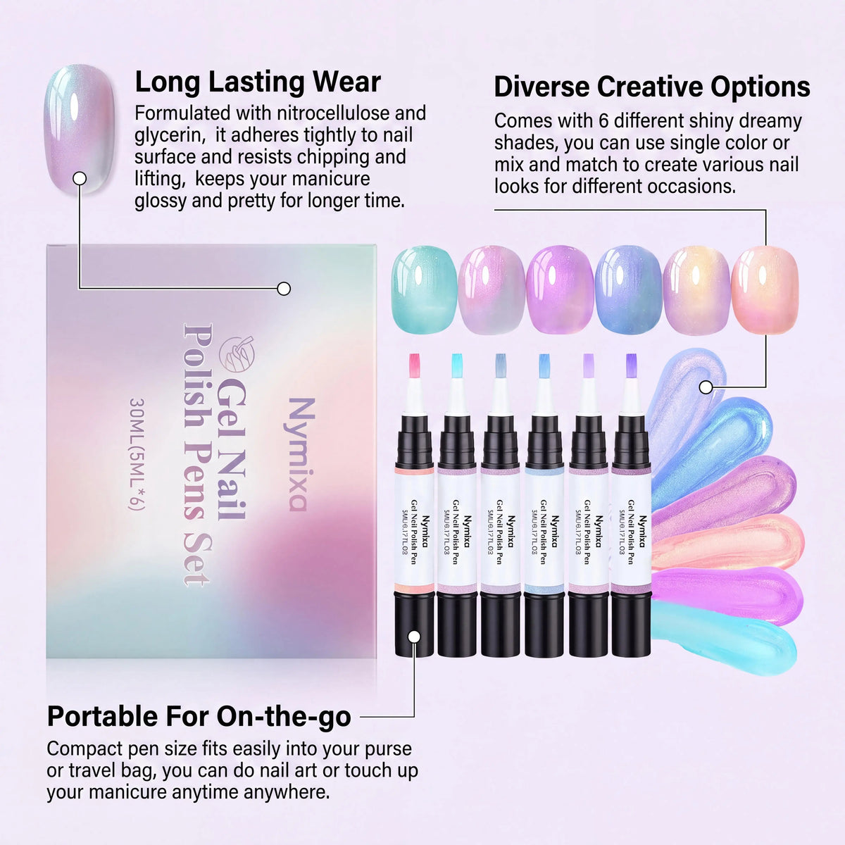 Nymixa 6pc Macaron Pearlescent Gel Nail Polish Pen Set – DIY Art