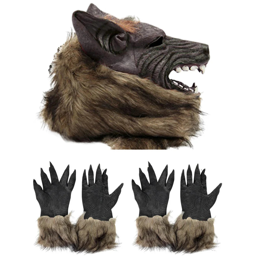 Halloween Wolf Mask & Plush Gloves Cosplay Costume Set