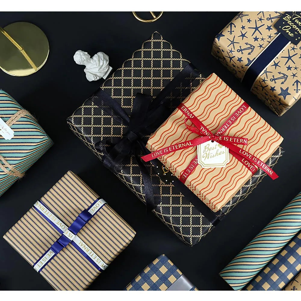 70x50cm Retro Wrapping Paper Blue Grid Wave Sea Star Pattern Bouquet