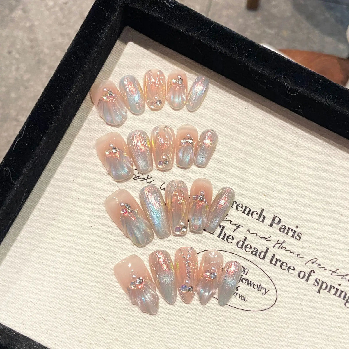 Aurora Mermaid Press On Nails – Glitter Pearl French Almond Tips