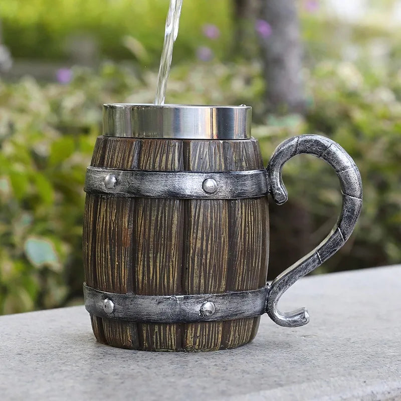 Viking Wood Barrel Beer Mug 600ml – Double Wall Stainless Steel
