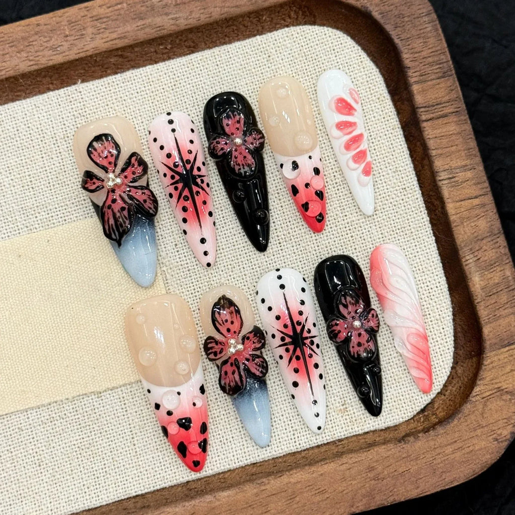 Gothic Y2K Press On Nails | 3D Carved Flower False Nails 10pcs