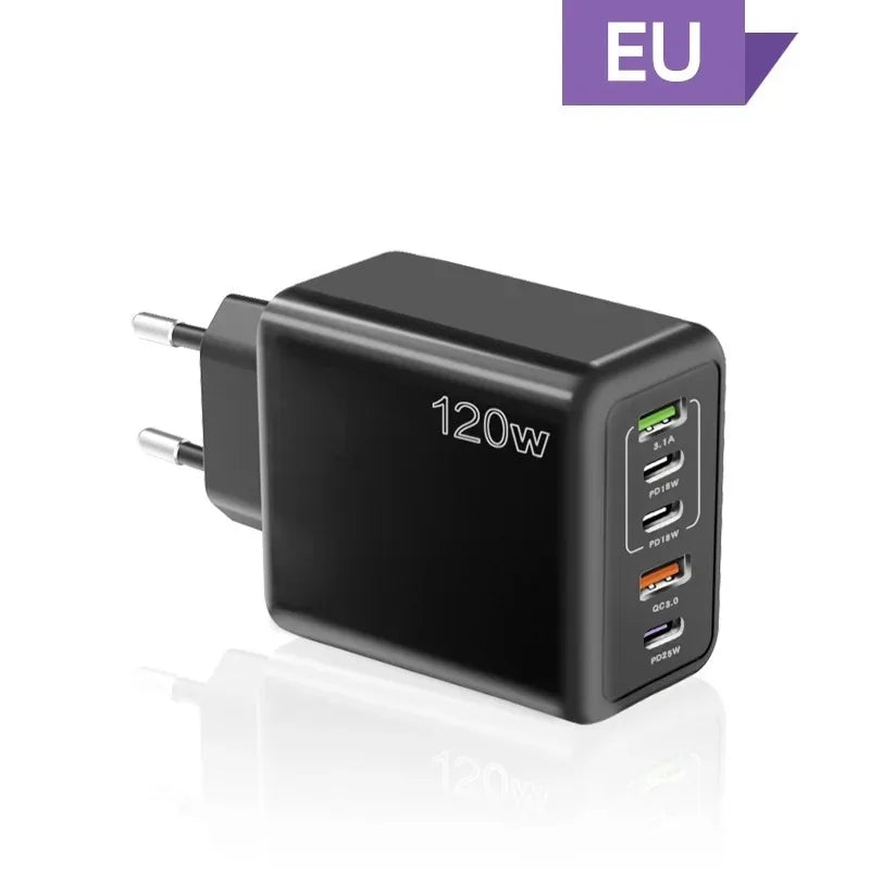 120W 5-Port USB-C PD Fast Wall Charger | Quick Charge 3.0