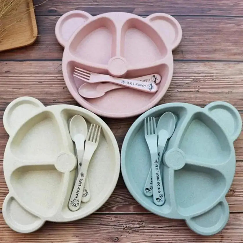 Cartoon Bear Baby Feeding Set – Bowl, Spoon & Fork Dinnerware