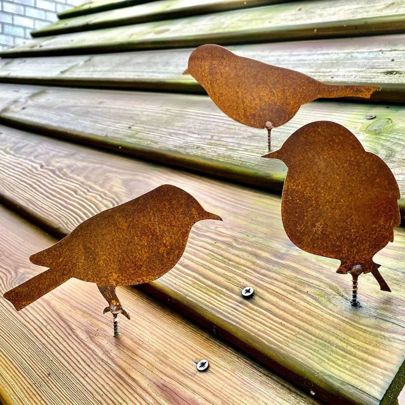 4-Piece Rusty Metal Bird Silhouette Ornaments | Garden Fence Decor