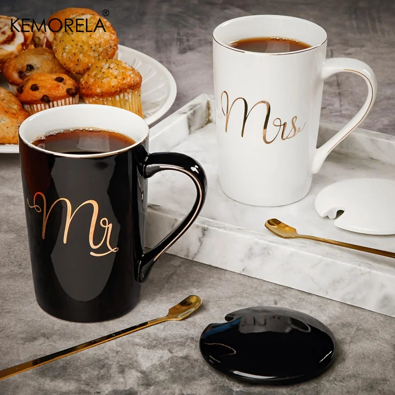 Golden Ceramic Coffee Mug Set with Lids & Spoons 400ml | 2-Pack