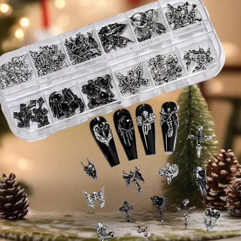 Y2K Cross & Skull Nail Art Charms – 12-Grid Metal Set