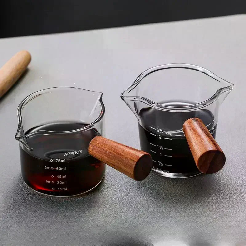 Glass Espresso Measuring Cup with Wood Handle | ml & oz