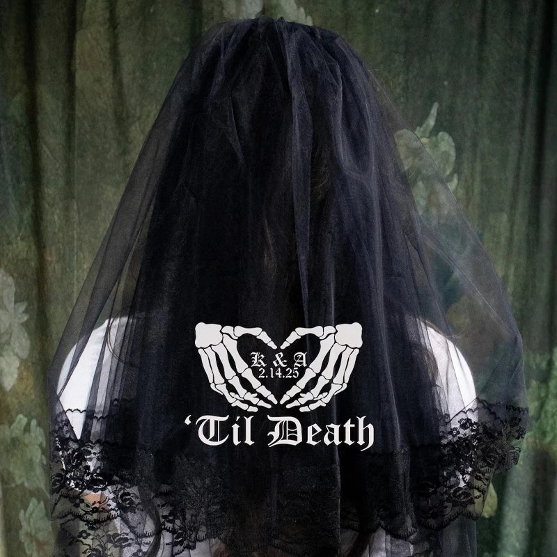 Personalized Gothic 'Til Death Skeleton Hand Black Veil | Wedding
